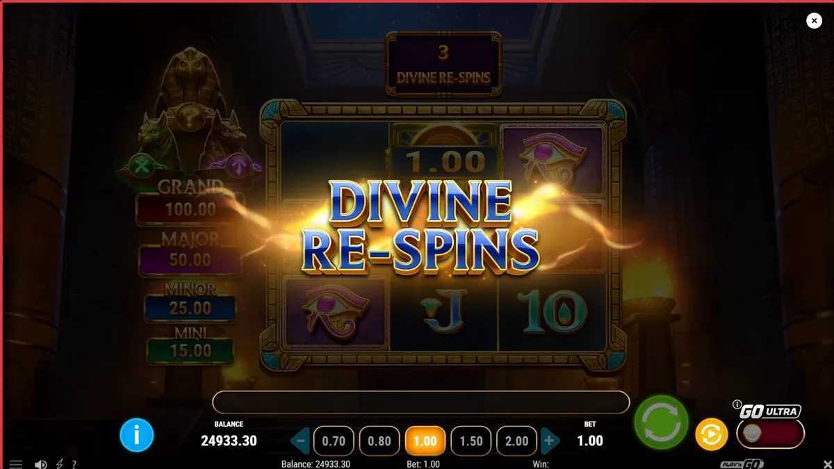 Temple of Three slot game theme featuring ancient Egyptian tomb visuals and golden deity statues.